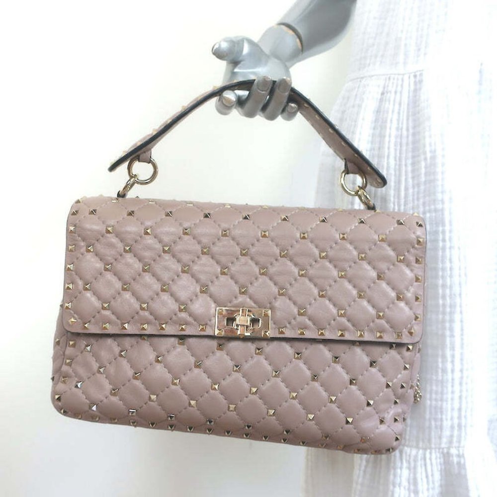 Valentino Large Rockstud Spike Chain Strap Bag Poudre Leather - Picture 1 of 11